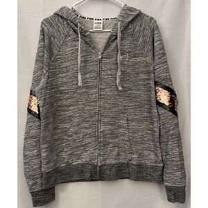 Victoria's Secret Pink Women Gray Full Zip Drawstring Hooded Jacket SZ LG Sequin
